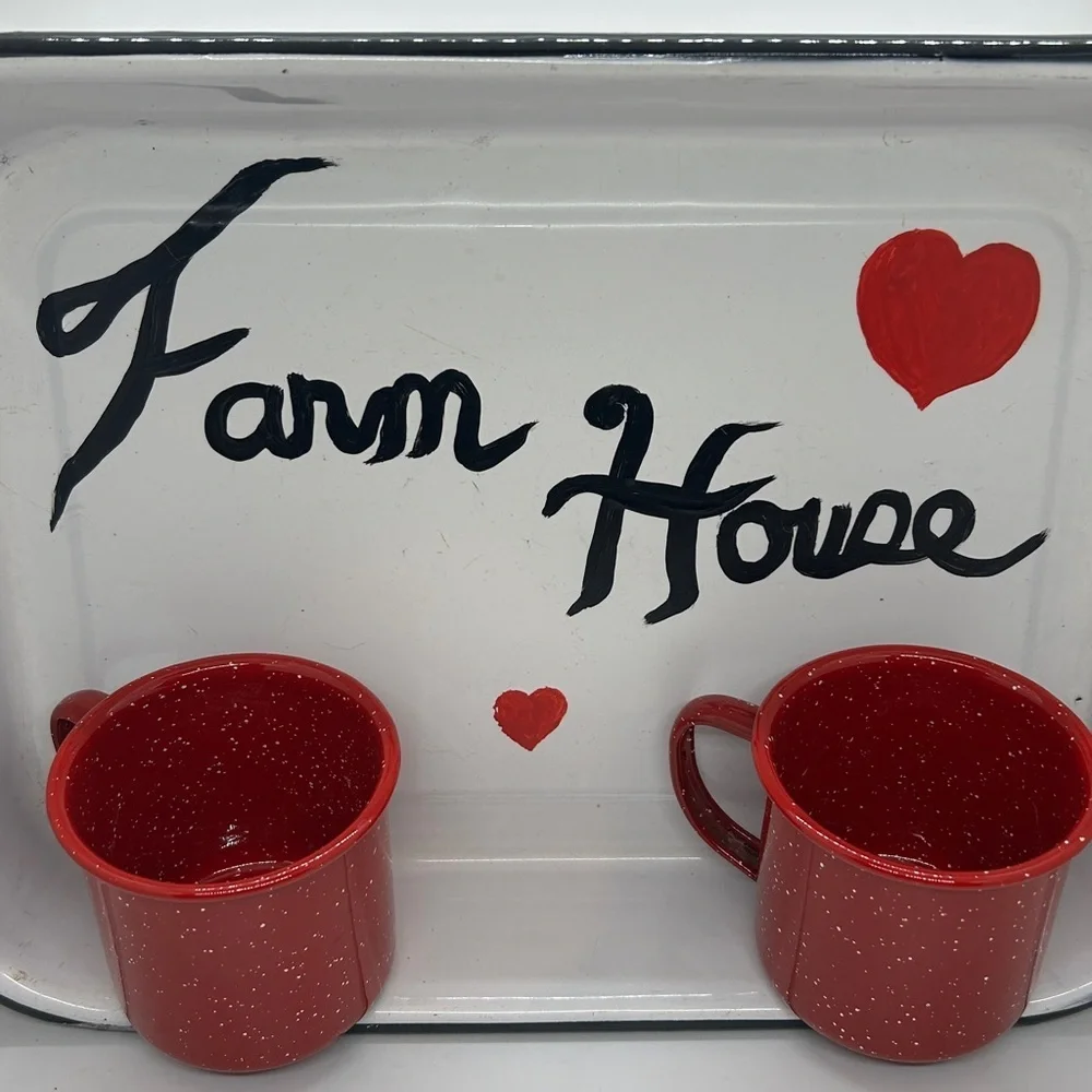 Red and White Farmhouse Enamel Tray decor Size 15.5 x 10.5 x 2.25 inches